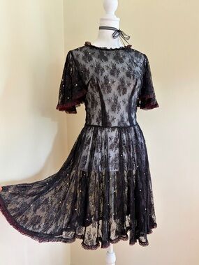 Vintage 50s black lace dress sheer antique goth coquette ruffle diamante gem S